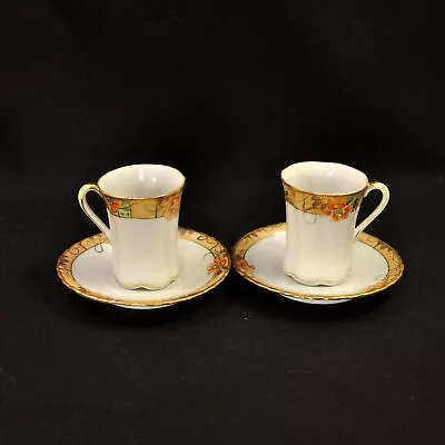 Buy Nippon M-in-Wreath Chocolate Cups & Saucers Set Of 2 HP Gold Floral 1911-1918 • 112.74£