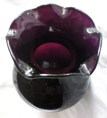 Buy Vintage BLACK AMETHYST Glass BUD VASE Bulbous 4.5” Crimped Ruffled Rim • 11.14£