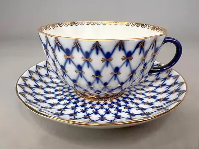 Buy Vintage Lomonosov Porcelain Cobalt Net Teacup And Saucer Russia USSR Blue Gold • 55.87£