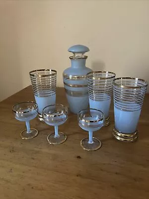 Buy Set Of Retro Vintage Bohemian Style 1950s Glasses Decanter Blue And Gold • 14£