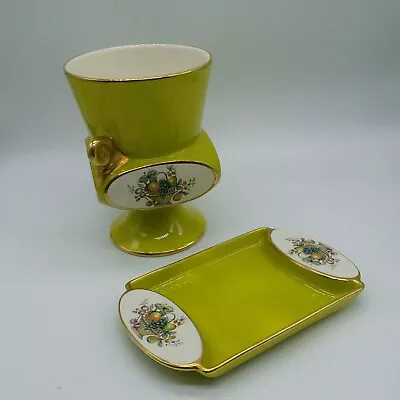 Buy Carlton Ware Yellow Pin Tray And Vase With Fruit Basket & Gold Gilt Edges • 14£