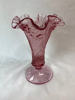 Buy Vintage Fenton Glass Footed Vase - Soft Cranberry Pink With Embossed Floral  • 20.13£