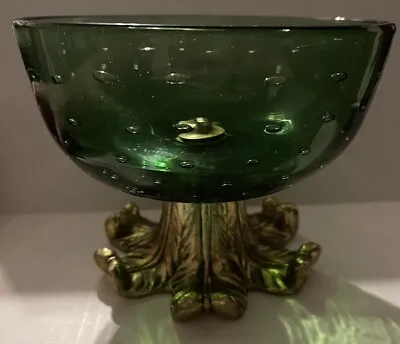 Buy Vintage Green Candy / Fruit  Bowl With Brass Pedestal • 20.49£