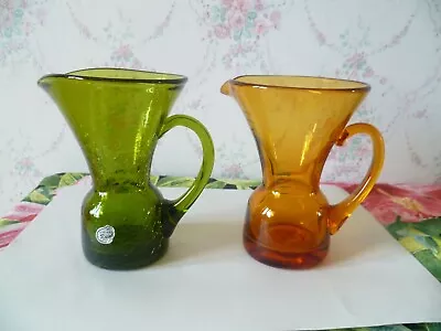 Buy Two Small Vintage Hand Blown Rainbow Glass Jugs Green Crackle & Amber • 10£