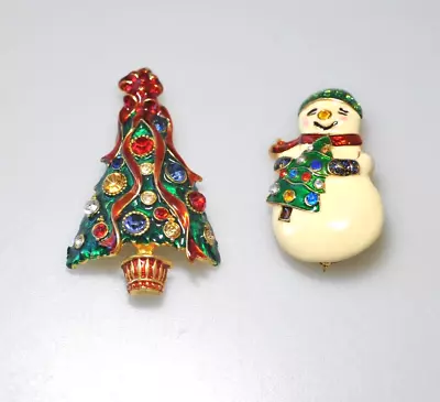 Buy VTG Signed  Brooch LOT Christmas Tree Snowman Rhinestones Radko PF15 • 26.09£