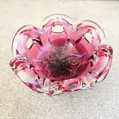 Buy Chribska Glassworks Heavy Glass Crystal Bowl, Pink Czech Republic Bohemia 1970s • 20£