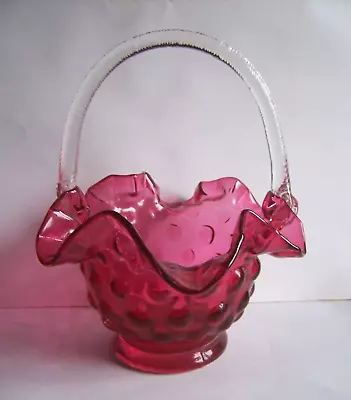Buy Vintage Red Cranberry Glass Basket With Clear Glass Handle • 9.99£