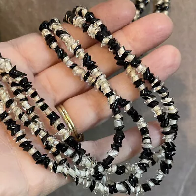 Buy VINTAGE JEWELLERY Art Deco Shaped Black & Clear Glass Bead Necklace - Very Long • 3.99£