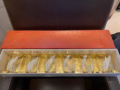 Buy Vintage 60’s Set Gold Rim Drinking Glasses Painted Feather Design Original Box • 15£