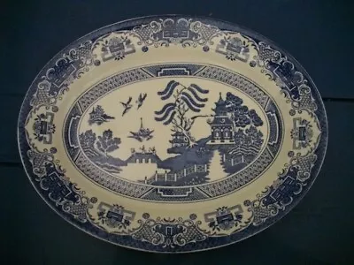 Buy English Ironstone Tableware “ Old Willow “ Blue & White Oval Steak Plate • 7£