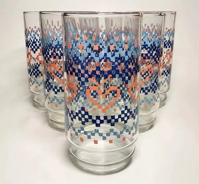 Buy Vtg Set 5 Libbey Quilted Hearts Tumbler Drinking Glasses Blue Pink 70's Stitch • 20.66£