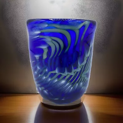Buy Small Handmade Cobalt Flame Feather Signed JL 2005 Art Glass Vase • 69.89£