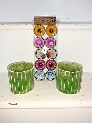 Buy Set Of Two Indian Green Glass Candle Holders With A Set Of Scented Tealights • 9.95£