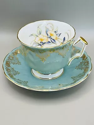 Buy Ansley Tea Cup And Saucer Teal/Gold Crocus Flower Fine English Bone China Vtg • 25.16£