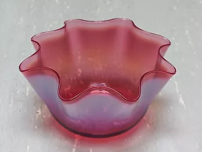Buy Antique Victorian Handblown Pink Cranberry Opalescent Frilled Ruffle Glass Bowl • 35£