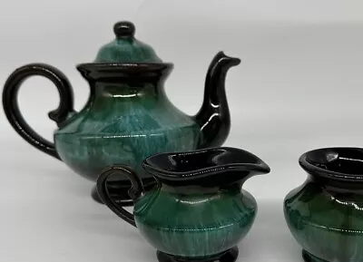 Buy Blue Mountain Pottery BMP Canada Green/Black Drip Glaze Teapot W/Sugar/Creamer • 25.16£