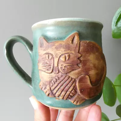 Buy Vintage Pottery Mug Cat Kitten Ball Of Wool Green Glaze Cottagecore Cute • 14.99£