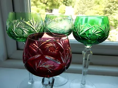 Buy 4 Vintage Hock Wine Glasses Crystal Hand Cut Pinwheel Zipper Stem Green Red 19cm • 69.10£