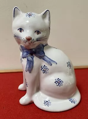 Buy Vintage Rye Pottery Hand Painted White & Blue Cat 5.5 Ins High • 14.50£