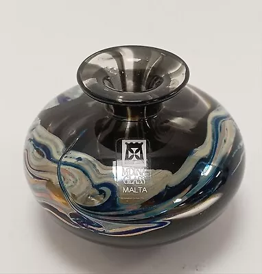 Buy Mdina Glass Squat Vase Signed Collectible Art Glass Malta Swirl Design Black/Blu • 9.99£