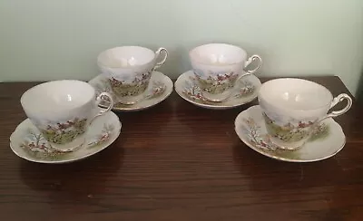 Buy 4 X Regency English Bone China Cups And Saucers With Fox Hunting Scene Country • 16.95£