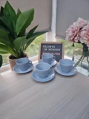 Buy 4 X Vintage Woods Beryl Ware Iris Blue Tea Cups & Saucers Village Hall Normcore • 15£