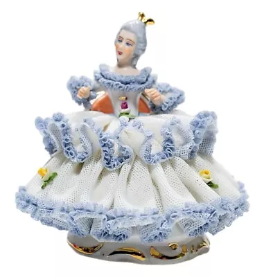 Buy DRESDEN Germany Antique Blue White Laced Lady Sitting Porcelain Figurine • 116.40£