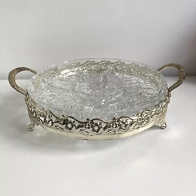 Buy Vintage Cut Glass & Silver Plate Nibble Dish Bowl On Feet 5 Sections Handles • 14.99£