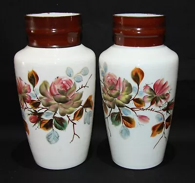 Buy Lovely Pair Of Antique Milk Glass Vases With Hand Painted Floral Decoration • 16.95£