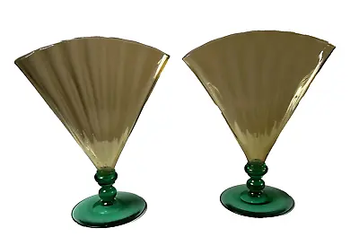 Buy Frederick Carder STEUBEN Amber Glass Optic Ribbed Fan Vase #6287 Green Base Pair • 461.31£