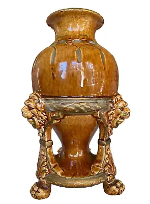 Buy Majolica Lions Mask 8  Tripod Bud Vase / After Christopher Dresser C. 1870-1910 • 79.21£