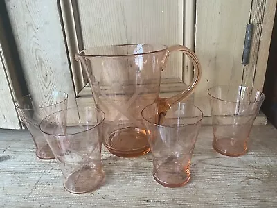 Buy Art Deco Pink Amber Glass Water Jug And Four Glasses Vintage  • 24.99£