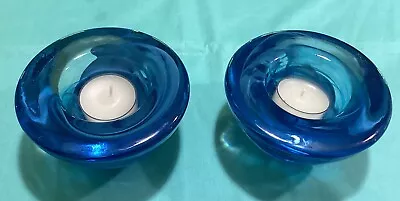 Buy Kosta Boda Blue Swirl Art Glass Handblown Pair Votive Candle Holders • 26.05£
