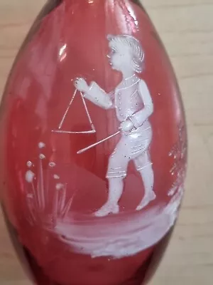 Buy Antique Cranberry Glass Mary Gregory Vase Enamel Little Boy Playing Triangle  • 12.50£