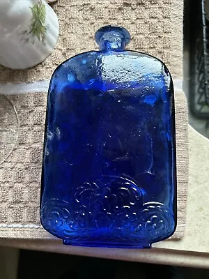 Buy Vintage European Cobalt Blue Glass Bottle W/Embossed Floral Pattern On 4 Sides • 14.35£