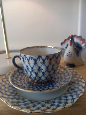 Buy ❤☕❤LOMONOSOV Vintage Porcelain Cup&sauser, COBALT NET Coffee Set • 54.99£