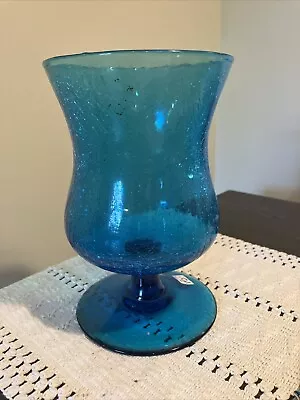 Buy Vtg Handblown Turquoise Azure Blue Crackle Glass Footed Vase 8  Tall 5  Opening • 32.62£