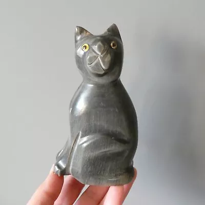 Buy 2 Vintage Cats Ornaments Figurines Hand Carved Natural Horn Glass Eyes Kitsch • 24.99£