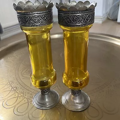Buy Vintage Spanish Amber Glass Candle Holders • 18.50£