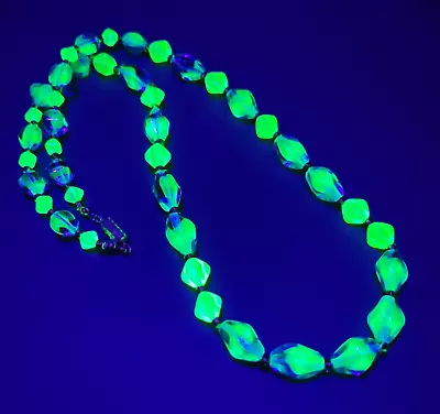 Buy Vaseline Necklace 22'' Blue/Yellow Glass Uranium Czech Old Beads Women`s Jewelry • 41.89£