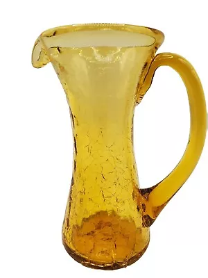 Buy Amber Handblown Vintage Yellow Crackle Glass Pitcher Vase Fall Decor • 11.65£