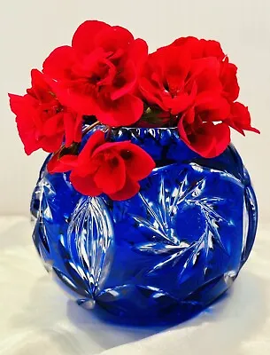 Buy Cobalt Blue Cut To Clear Crystal Rose Bowl Vase ~ 4 Inches Tall • 37.27£
