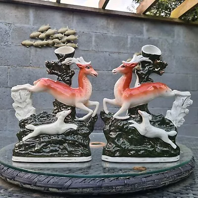 Buy Pair Very Early Hunt Staffordshire Deer Dog Flatback Spill Vase Holder 11” X 10  • 95£