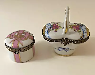 Buy Lot 2  Vintage Limoges Porcelain Basket Bow Hand Painted Trinket Boxes Hinged • 93.19£