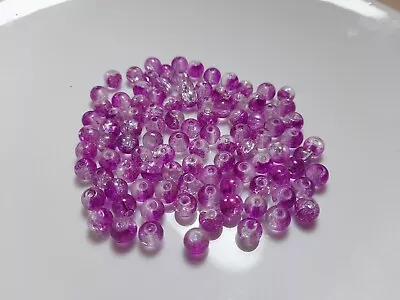Buy Job Lot Of 100 Pieces Purple/Transparent Crackle Glass Beads Loose 6mm Approx • 1.69£