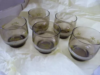 Buy Set 5 Vintage 1970's Glasses Palm Tree Design, Smoked Glass With Yellow/white • 4£