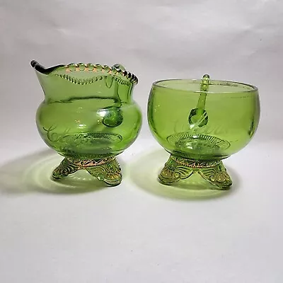 Buy 1901 Green Etched Glass W/ Gold, Footed Cream & Sugar EAPG Souvenir Antique VTG • 13.51£