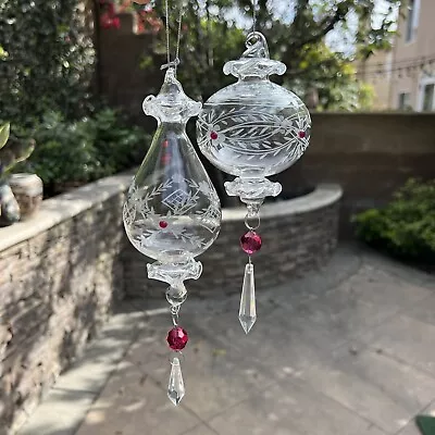 Buy Hand Blown Clear Etched Glass Ornaments, With Rhinestones & Prism 9” Set Of 2 • 13.42£