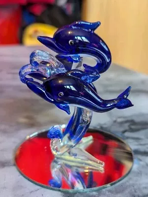 Buy Vintage Glass Dolphin Figurine. 3 Dark Blue Dolphins On A Mirrored Base. • 24.99£