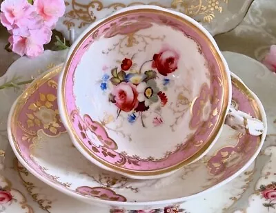 Buy Antique Minton Pink Gold Teacup & Saucer C1840 Handpainted Rose Bouquet HAIRLINE • 45£